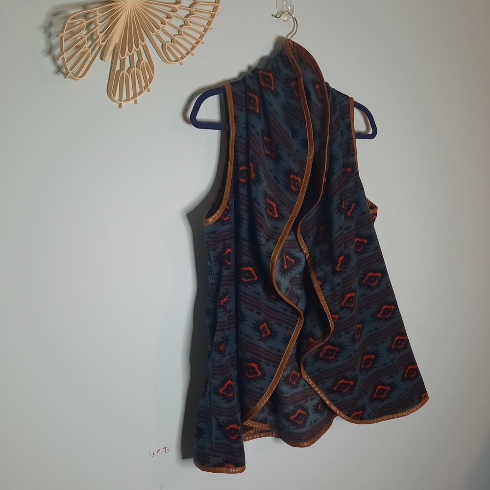Simply Southern Aztec Print Open-Front Draped Vest‎ With Faux Leather Trim, Boho